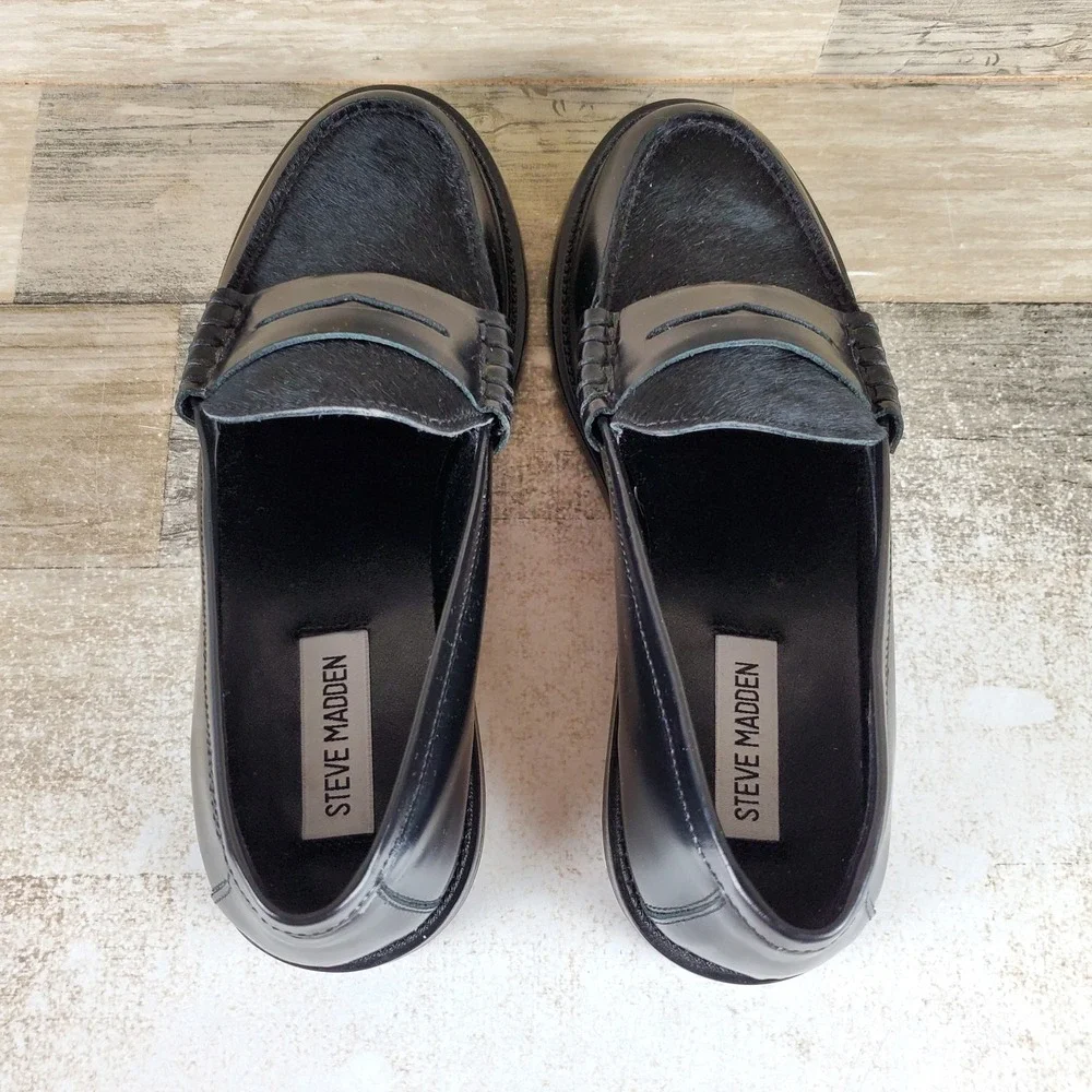 Steve Madden Madison Loafer Shoes Women Sz 7.5 M Black Leather Slip On Round Toe